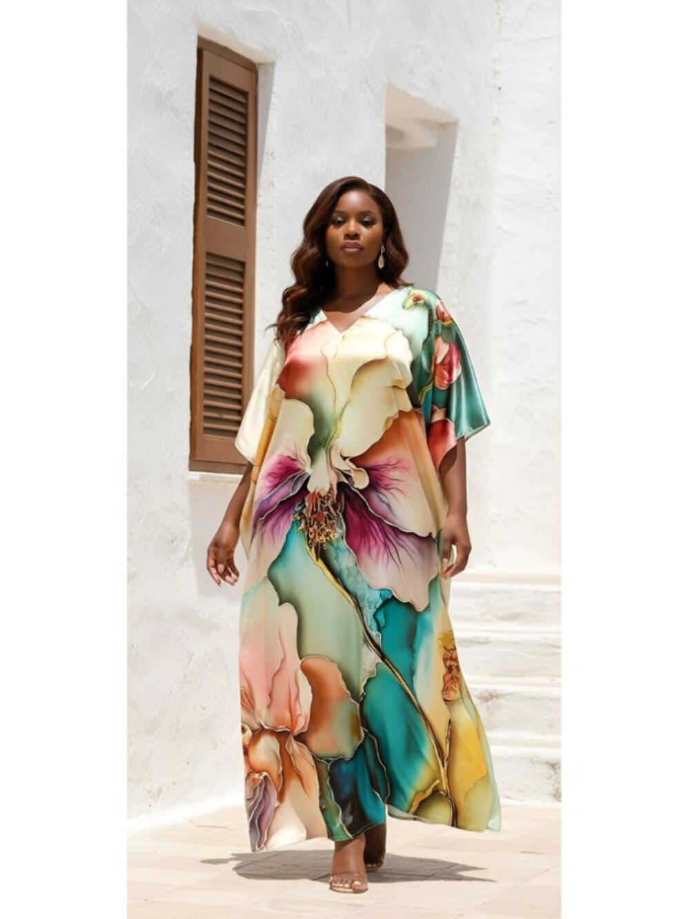 Abstract Floral Multicolor Satin Silk Kaftan Maxi Dress | Lounge Wear